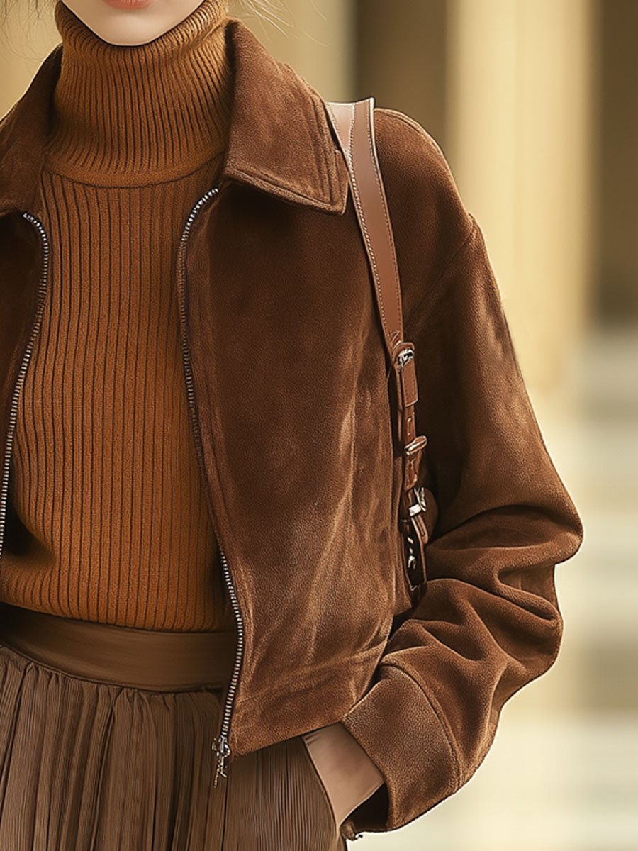 【24-hour shipping out】Casual Loose Solid Colour Suede Zipper Pocket Short Jacket