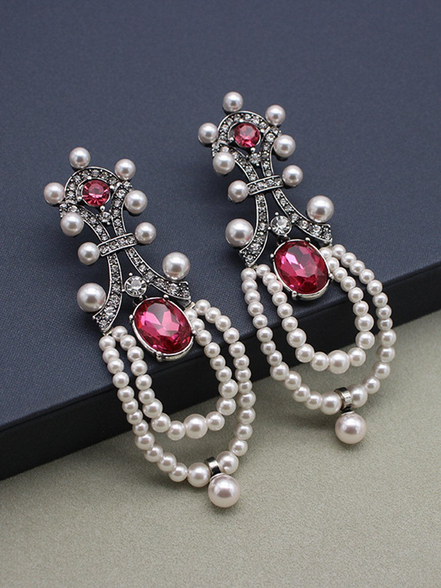 Vintage Long Ruby Pearl Tassel Earrings