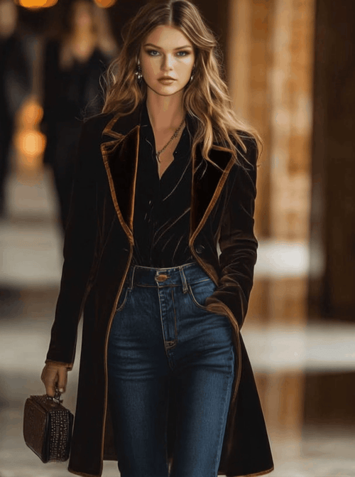 Casual Loose Vintage Velvet Colourblock Lapel Pocket Coat