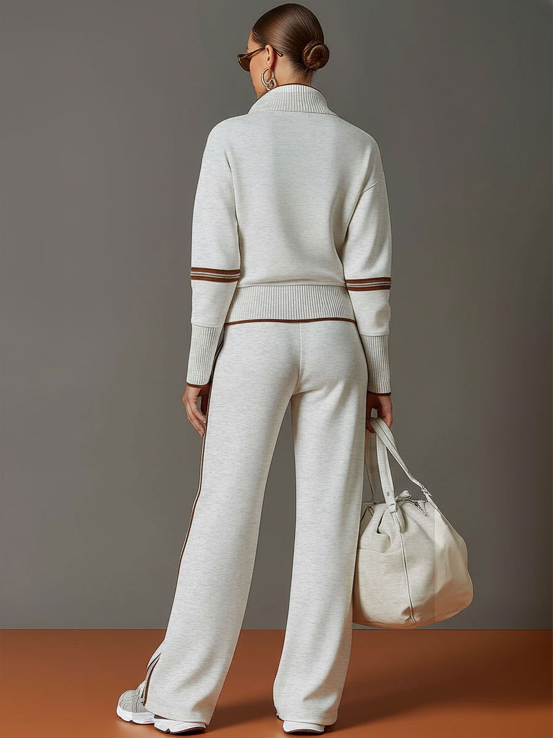 Retro Sporty Webbing Grey-White Half-Zip Sweatshirt and Wide-Leg Pants Set