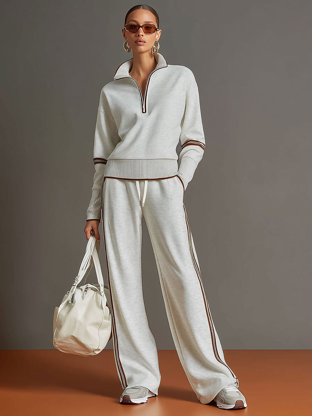 Retro Sporty Webbing Grey-White Half-Zip Sweatshirt and Wide-Leg Trousers Set