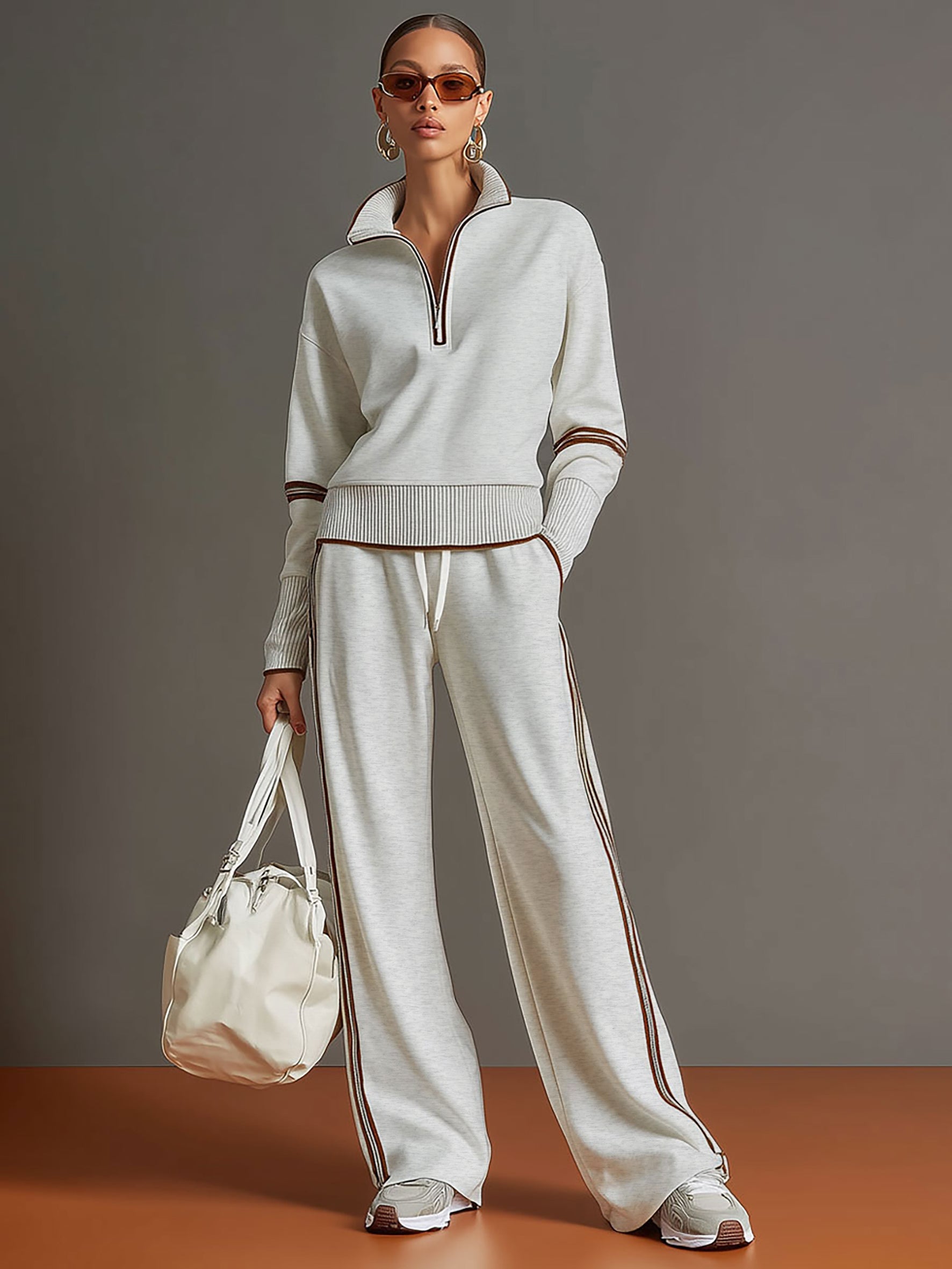 Retro Sporty Webbing Grey-White Half-Zip Sweatshirt and Wide-Leg Trousers Set