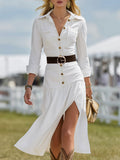 Fashion Casual Button-Decorated White Slit Midi Dress
