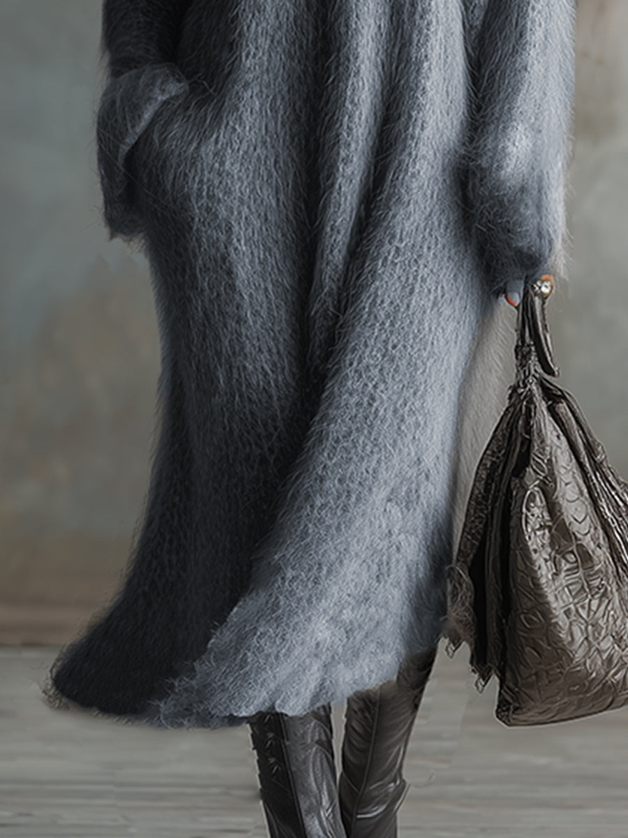 Comfortable Lazy V-neck Grey Imitation Rabbit Fur Knitted Long-sleeved Maxi Dress