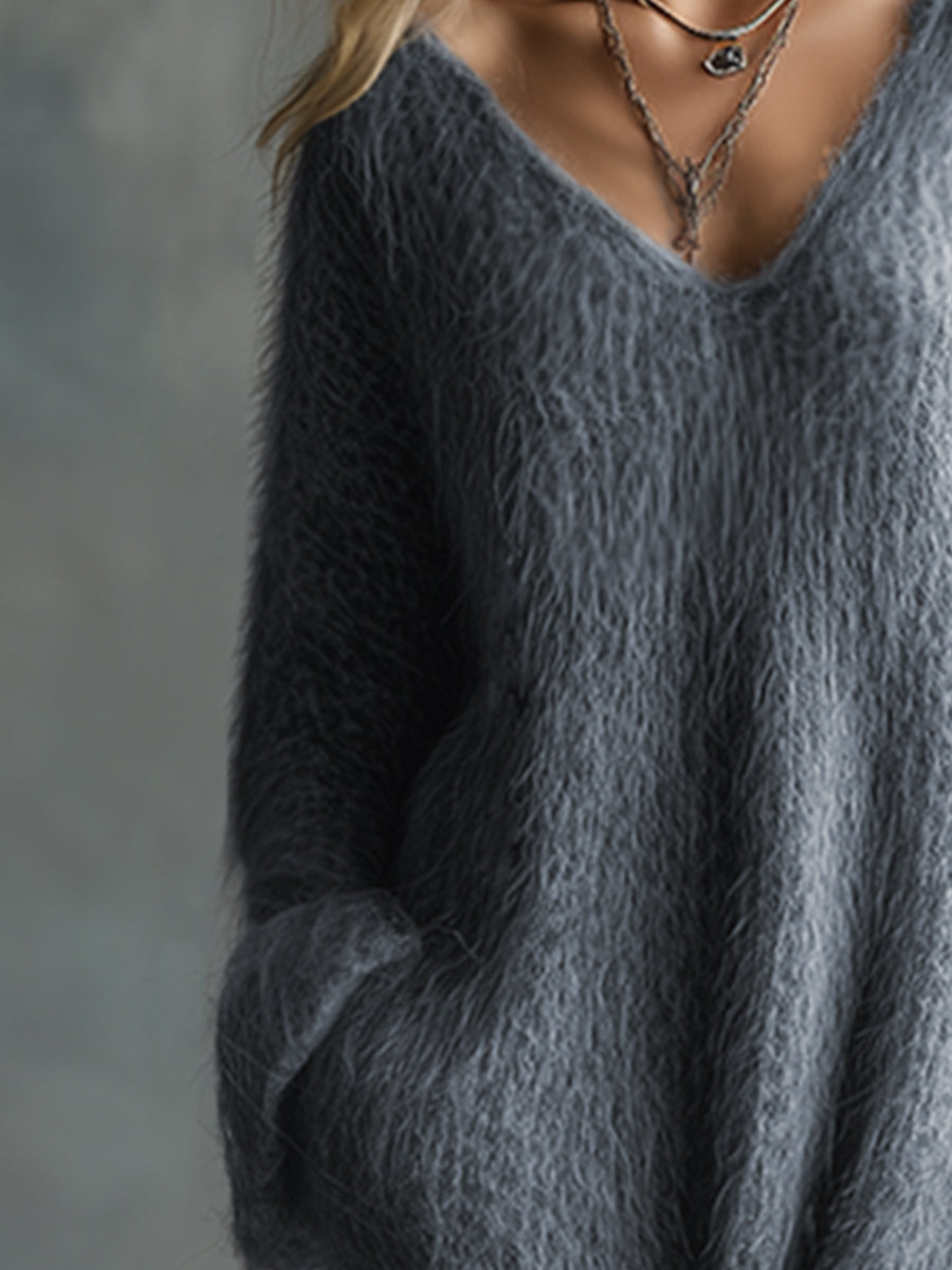 Comfortable Lazy V-neck Grey Imitation Rabbit Fur Knitted Long-sleeved Maxi Dress