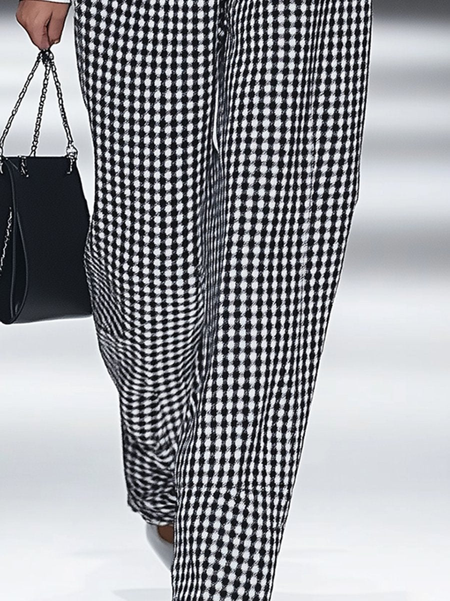 【24-hour shipping out】Fashion Retro Houndstooth Pocket Straight Trousers