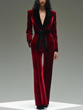【24-hour shipping out】Retro Fashion Lapel Belt Different Colour Velvet Stitching Jumpsuit