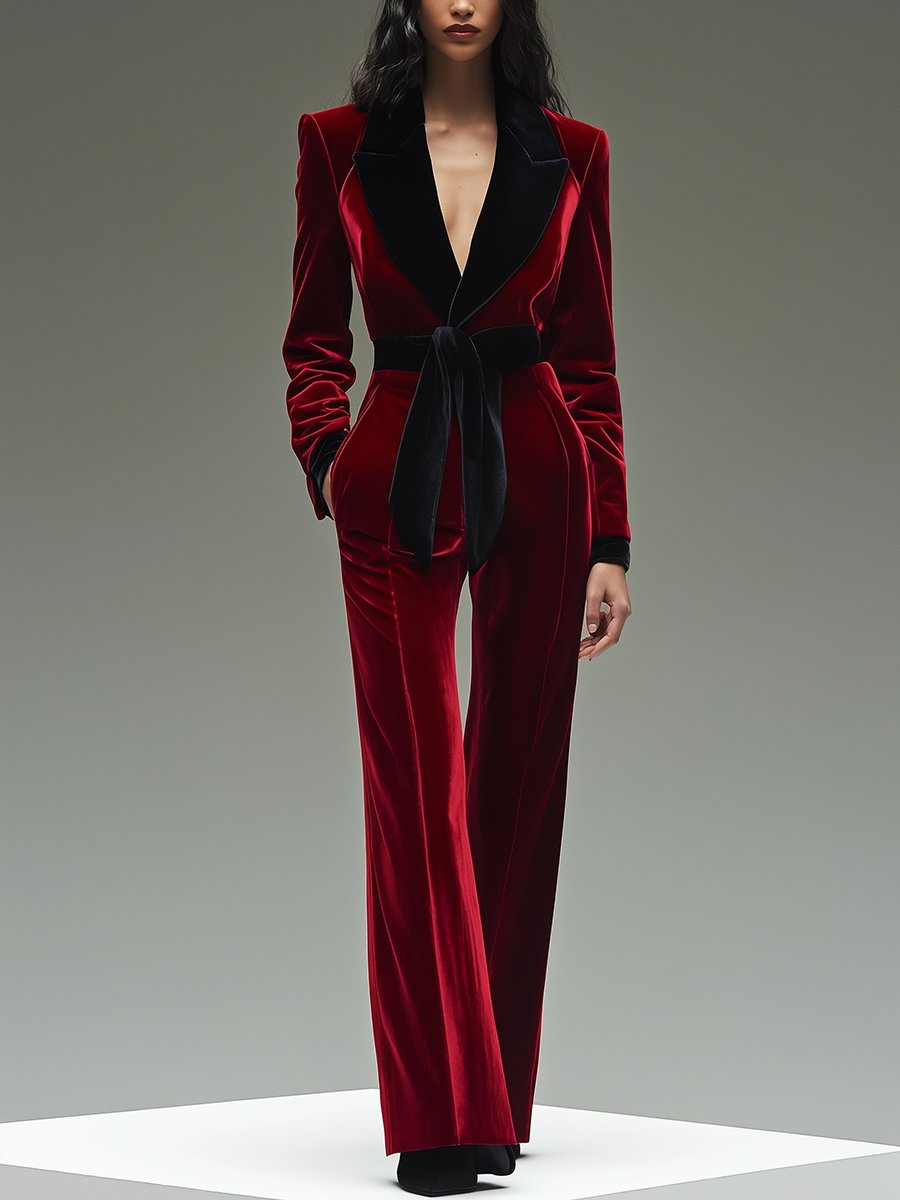【24-hour shipping out】Retro Fashion Lapel Belt Different Colour Velvet Stitching Jumpsuit