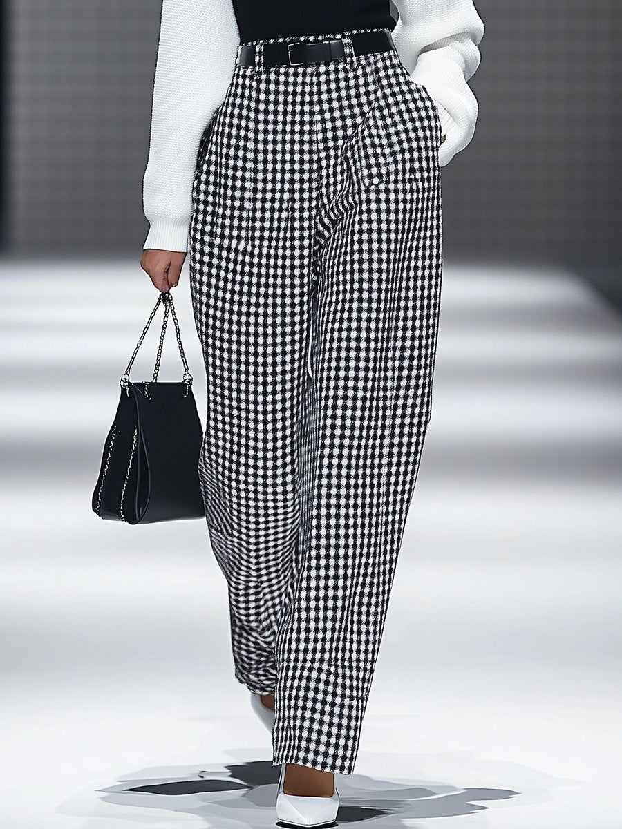 【24-hour shipping out】Fashion Retro Houndstooth Pocket Straight Trousers