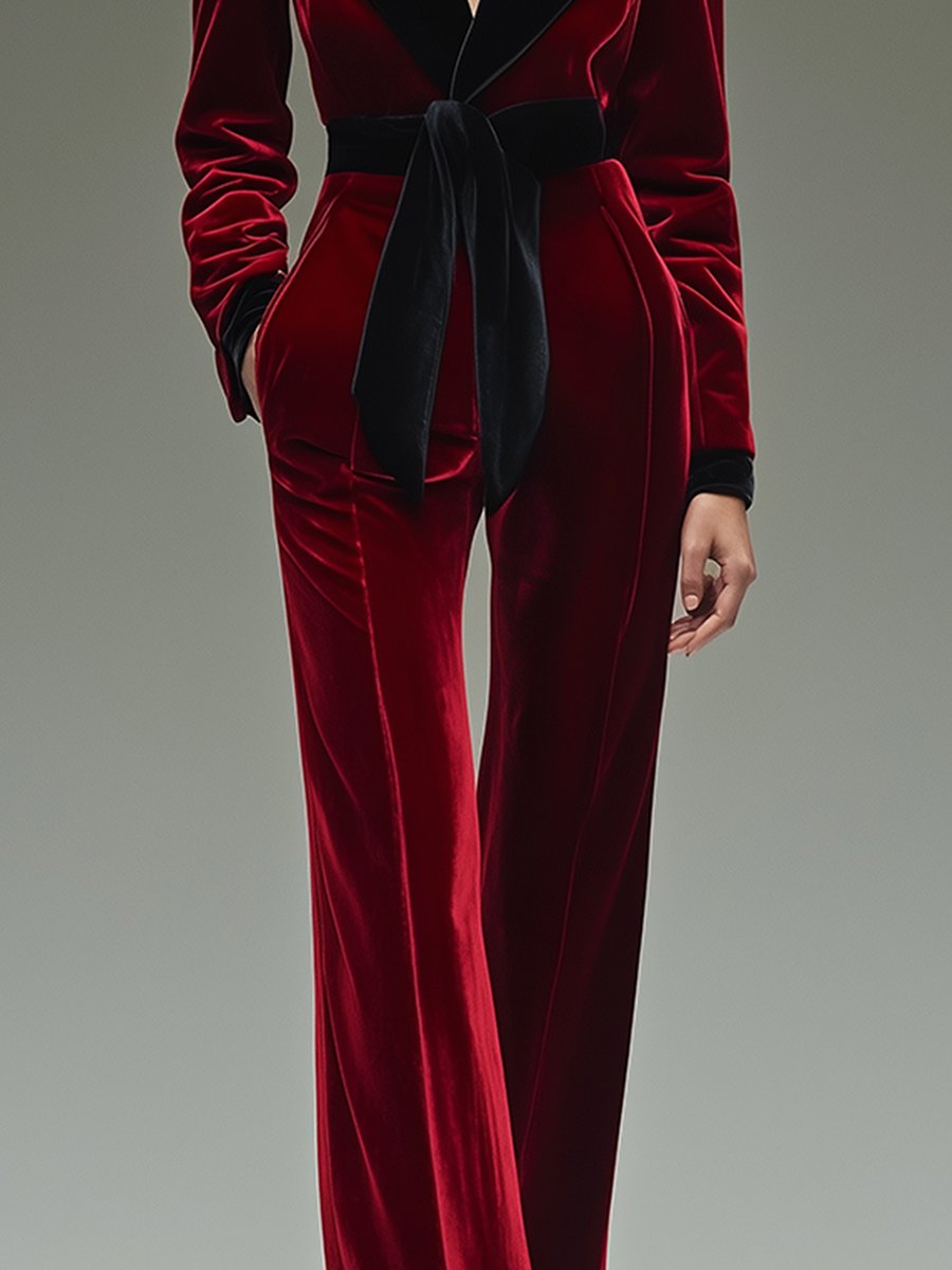 【24-hour shipping out】Retro Fashion Lapel Belt Different Colour Velvet Stitching Jumpsuit