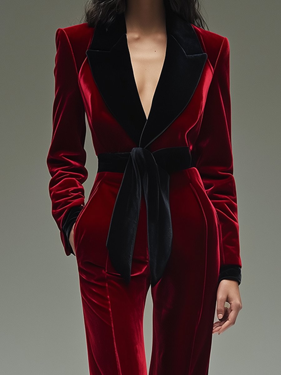 【24-hour shipping out】Retro Fashion Lapel Belt Different Colour Velvet Stitching Jumpsuit