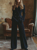 【24-hour shipping out】Retro Fashion Navy Lapel Corduroy Double-breasted Blazer and Wide-leg Trousers Two-piece Set