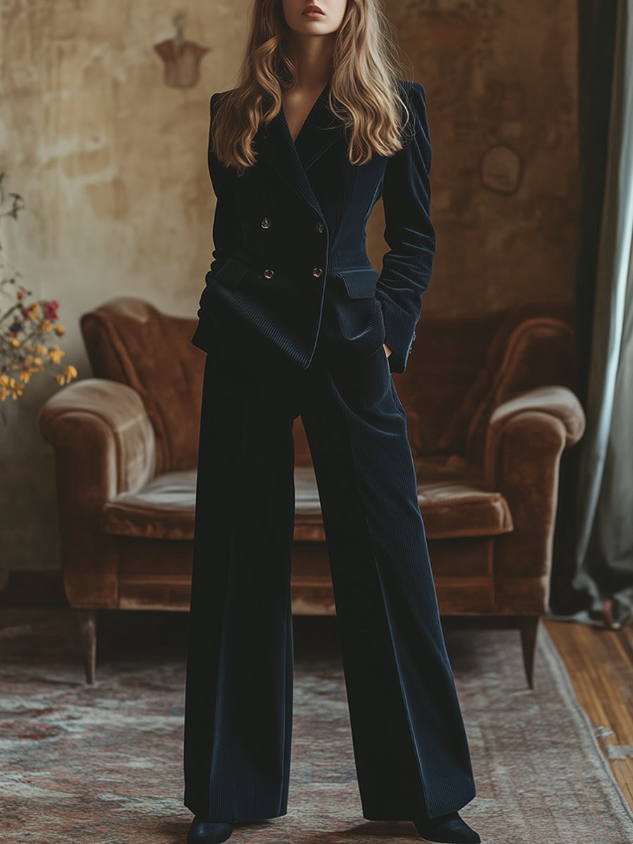 【24-hour shipping out】Retro Fashion Navy Lapel Corduroy Double-breasted Blazer and Wide-leg Trousers Two-piece Set