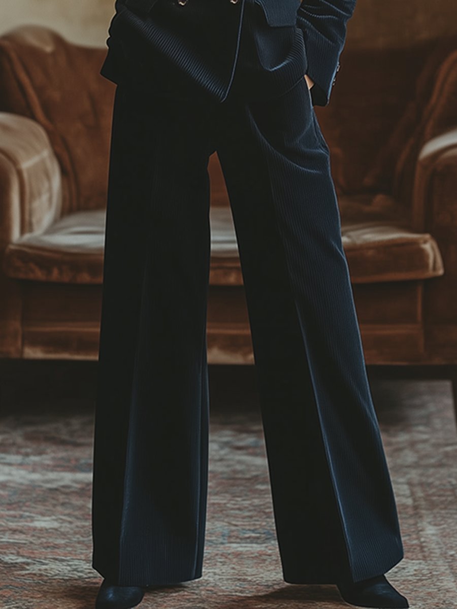 【24-hour shipping out】Retro Fashion Navy Lapel Corduroy Double-breasted Blazer and Wide-leg Trousers Two-piece Set
