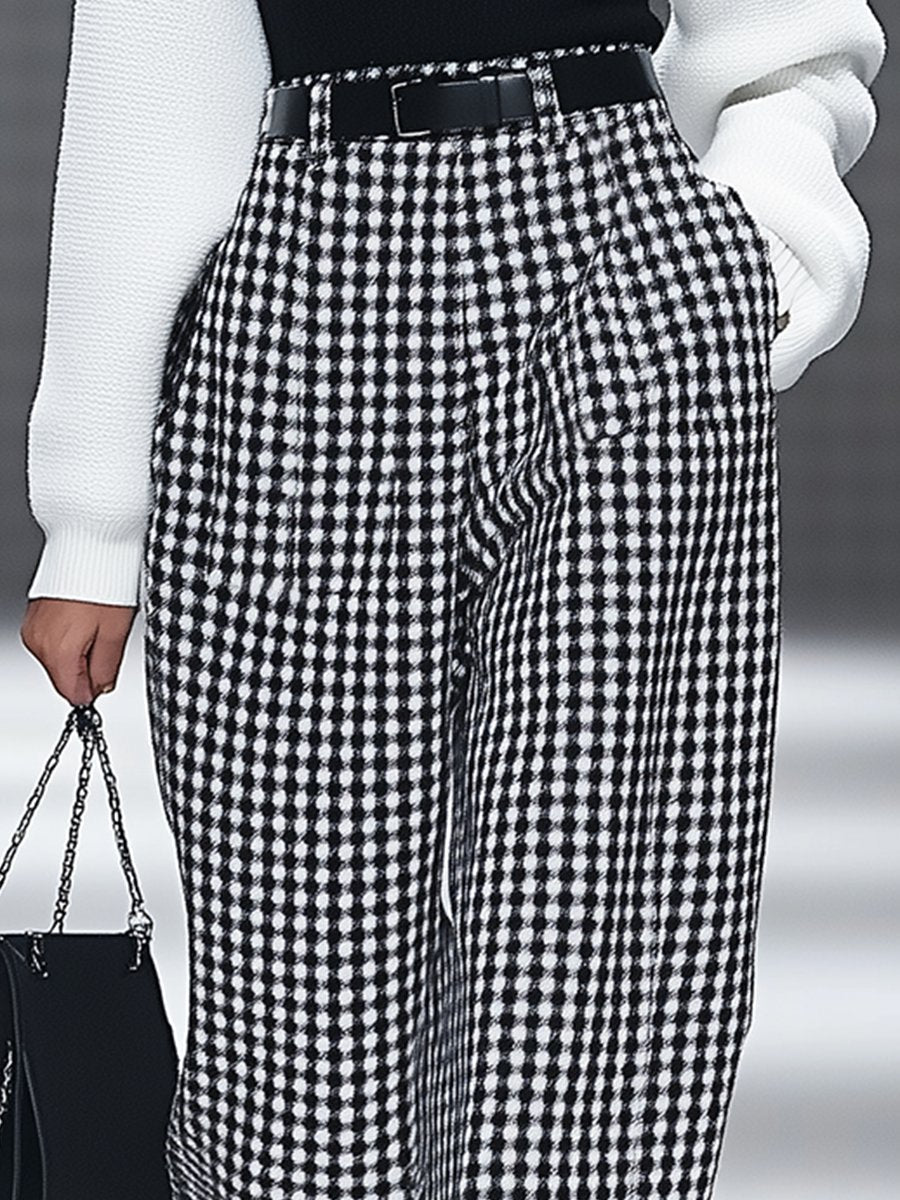 【24-hour shipping out】Fashion Retro Houndstooth Pocket Straight Trousers