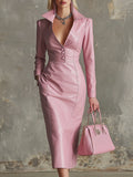 Elegant and Gentle Pink Faux Leather Midi Dress