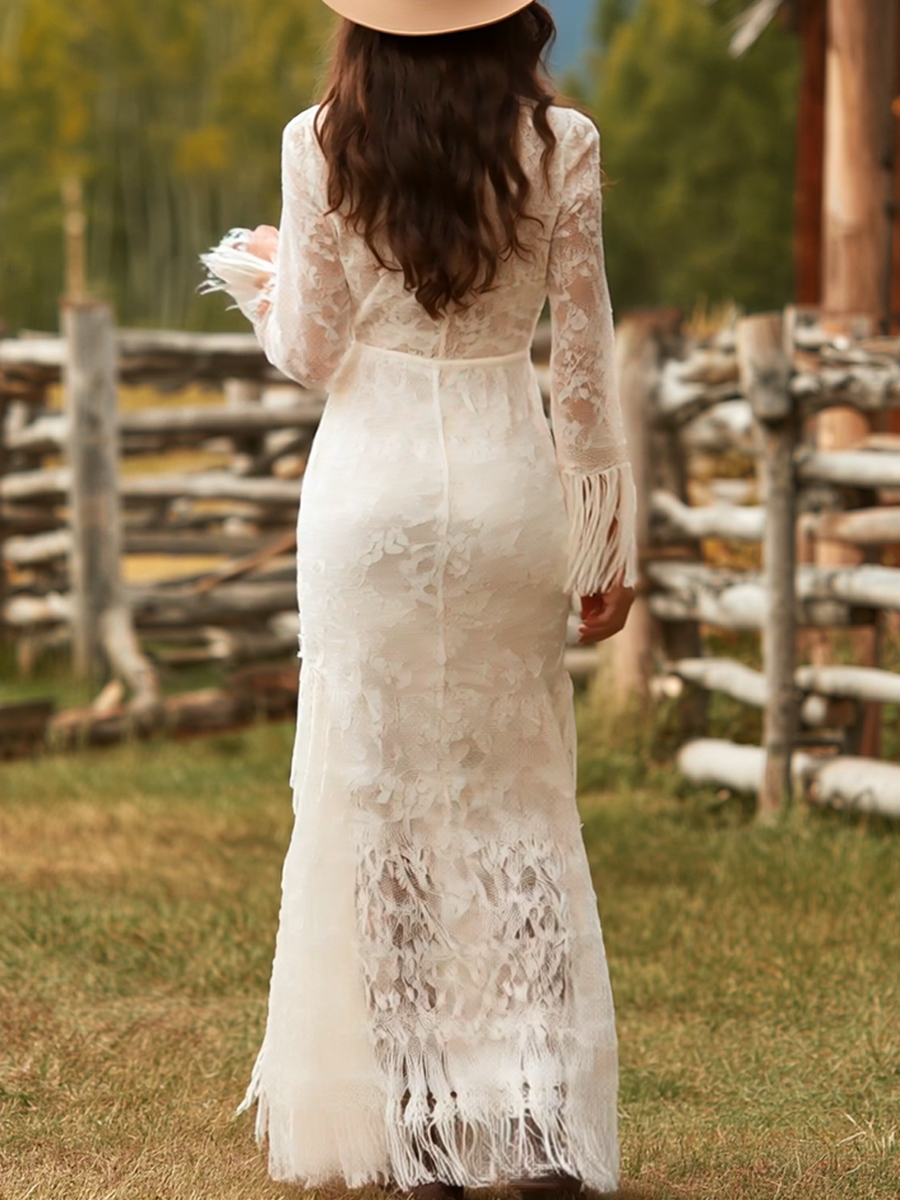 Retro White Lace V-neck Long Sleeve Tassel Short Front And Long Back Skirt Maxi Dress