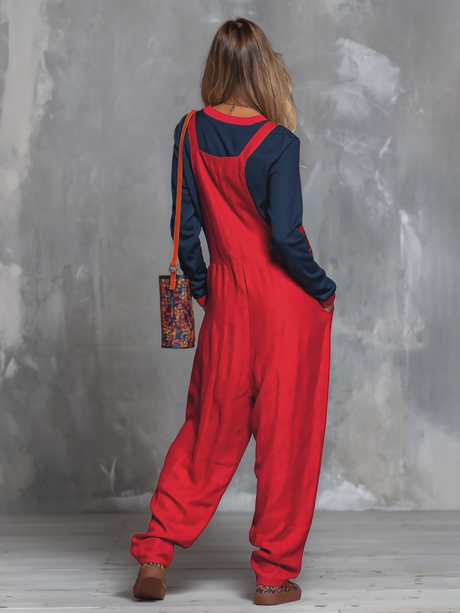 Retro Bohemian Style Colour-blocked Cotton And Linen Top And Overalls Set