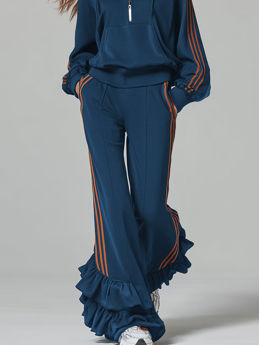 Casual Ruffle Trim Dark Blue Hooded Sweatshirt and Trousers Sports Set